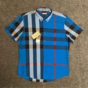 Burberry Fred Short Sleeve Button-Down Shirt Men's XL Marine Blue NEW with tags